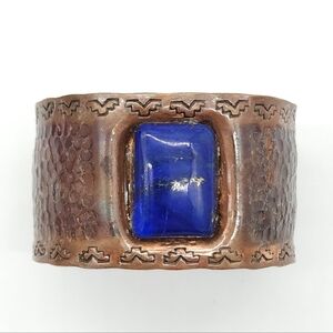 Vintage Copper Wide Cuff Bracelet Lapis Stone Stamped Hammered Southwestern